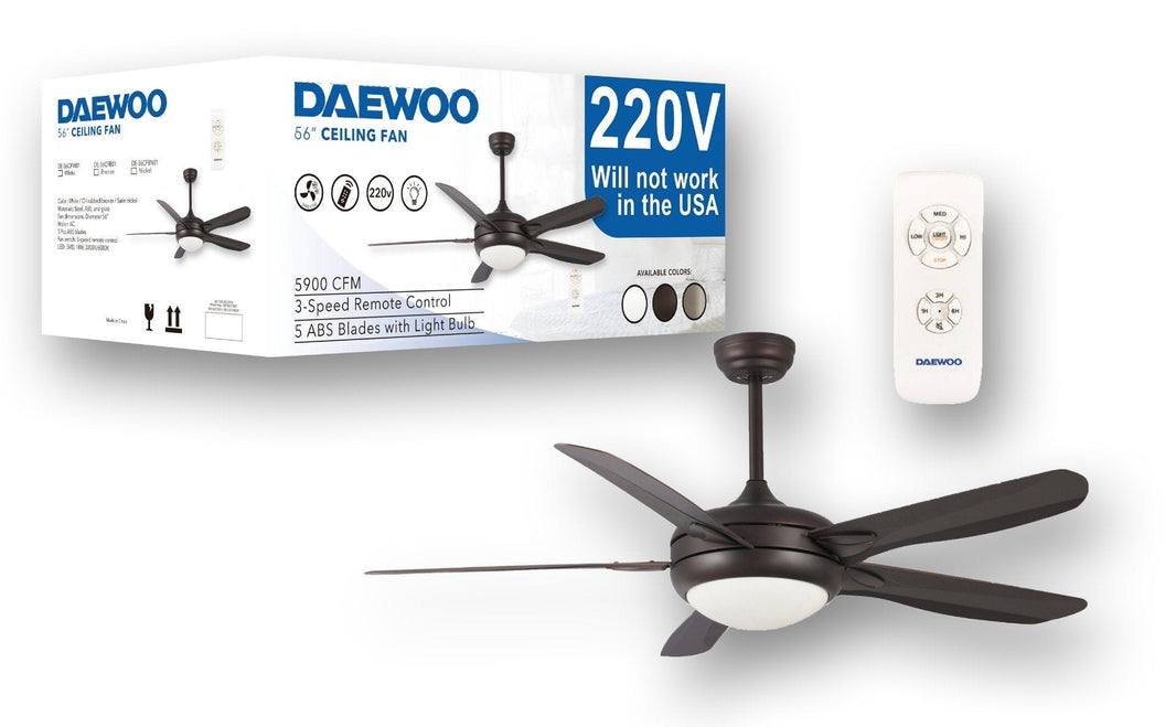 Daewoo 220 volt ceiling fan DARK BRONZE with LED light remote 5 blades 220v 240 volts 50 hz DE56CDNB01 - 220 - Electronics