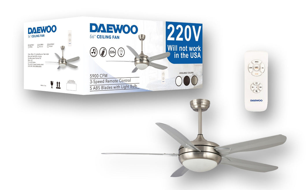 Daewoo 220 volt ceiling fan Nickel with LED light remote 5 blades 220v 240 volts 50 hz DE - 56CFB01 - 220 - Electronics