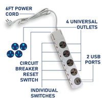 Dynastar 110 - 220 volt Universal Power Strip 240v surge protector 240 volts 220v With 4 Outlet plus 2 USB Universal Heavy Duty DPS5 - USB - 220 - Electronics