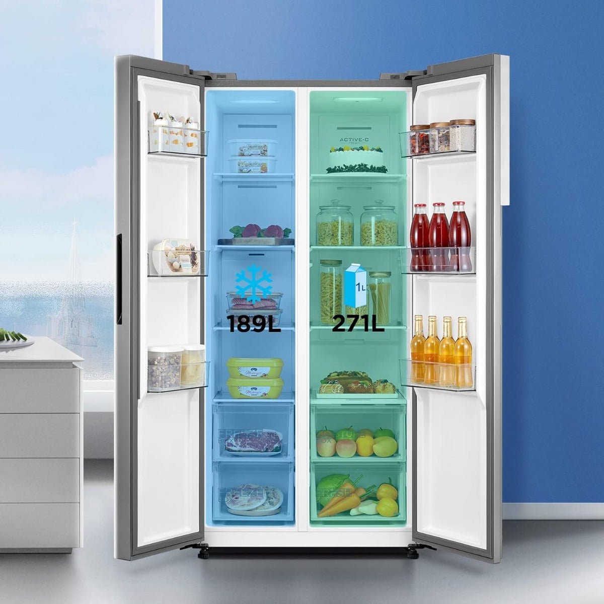 Midea 220 volts Side by Side refrigerator Fridge 460 liter Silver 220v 240 volts 50 hz MDRS619FGF46220v - 220 - Electronics