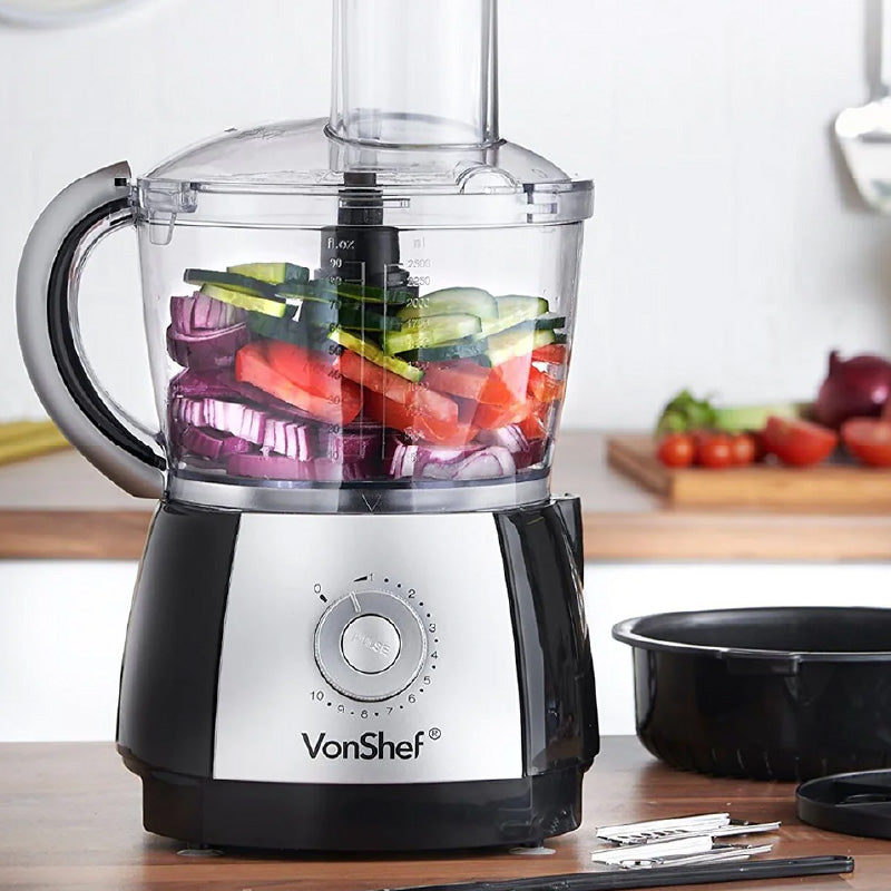 VonShef food processor with chopped vegetables on a kitchen counter