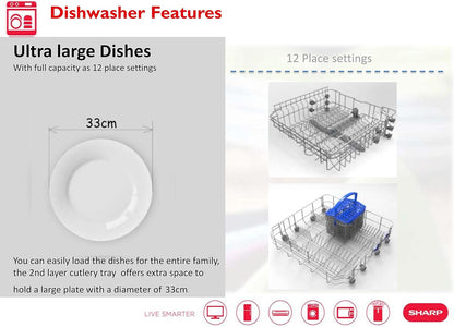 Sharp 220 Volt Dishwasher 12 Place Settings 6 Programs 220V 50Hz QWMB612 Stainless Steel