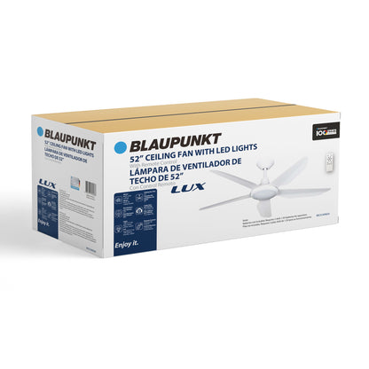 Blaupunkt LUX 52" 5-Blade 220v Ceiling Fan with LED Light & Remote, White — 220 Volt (BKCFLW9839220v)