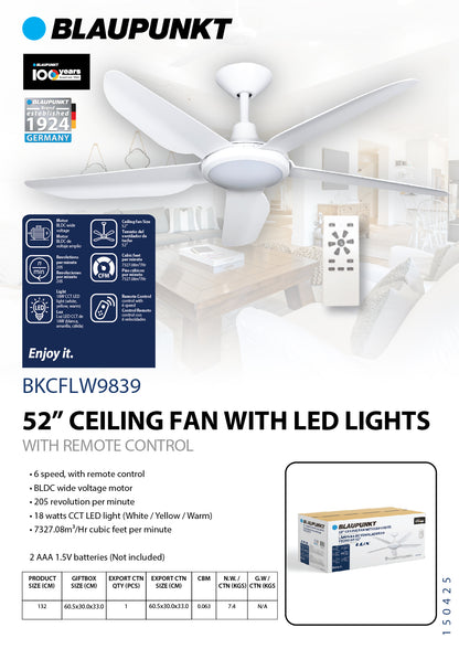Blaupunkt LUX 52" 5-Blade 220v Ceiling Fan with LED Light & Remote, White — 220 Volt (BKCFLW9839220v)