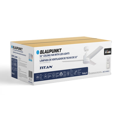 Blaupunkt Designer 220v 52" Ceiling Fan with LED Light & Remote, White — 220 Volt (BKCFLW9852220v)