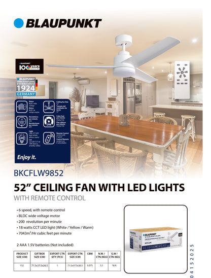 Blaupunkt Designer 220v 52" Ceiling Fan with LED Light & Remote, White — 220 Volt (BKCFLW9852220v)
