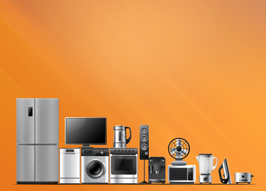Assorted home appliances on an orange background
