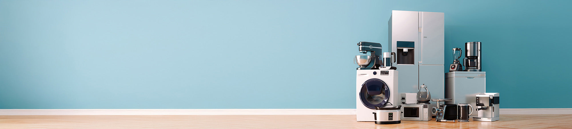 Home appliances on a wooden surface with a blue wall background.