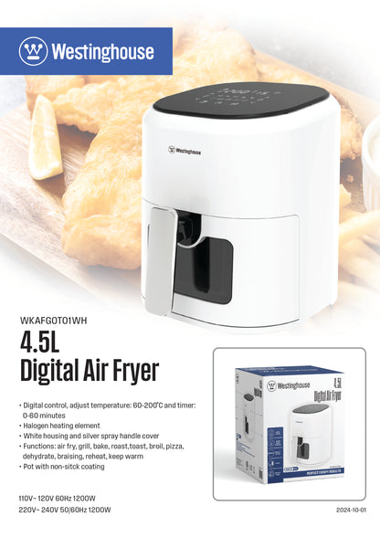 Westinghouse 220v Digital Air Fryer 4.5 liter white — 220 Volt (WKAFGOT01WH220)