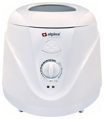 Alpina SF4007 220 Volt Deep Fryer, white color, with a visible temperature control knob and branding on the front.
