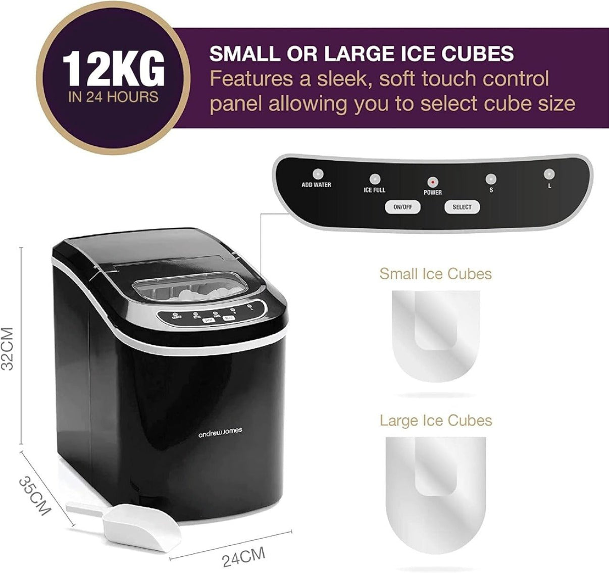Andrew James 220 volt ice maker Countertop Ice cube maker 2.2 Liter 12KG in 24 Hours ice maker BLACK 220v 50hz 240 volts 50 hz - 220 - Electronics
