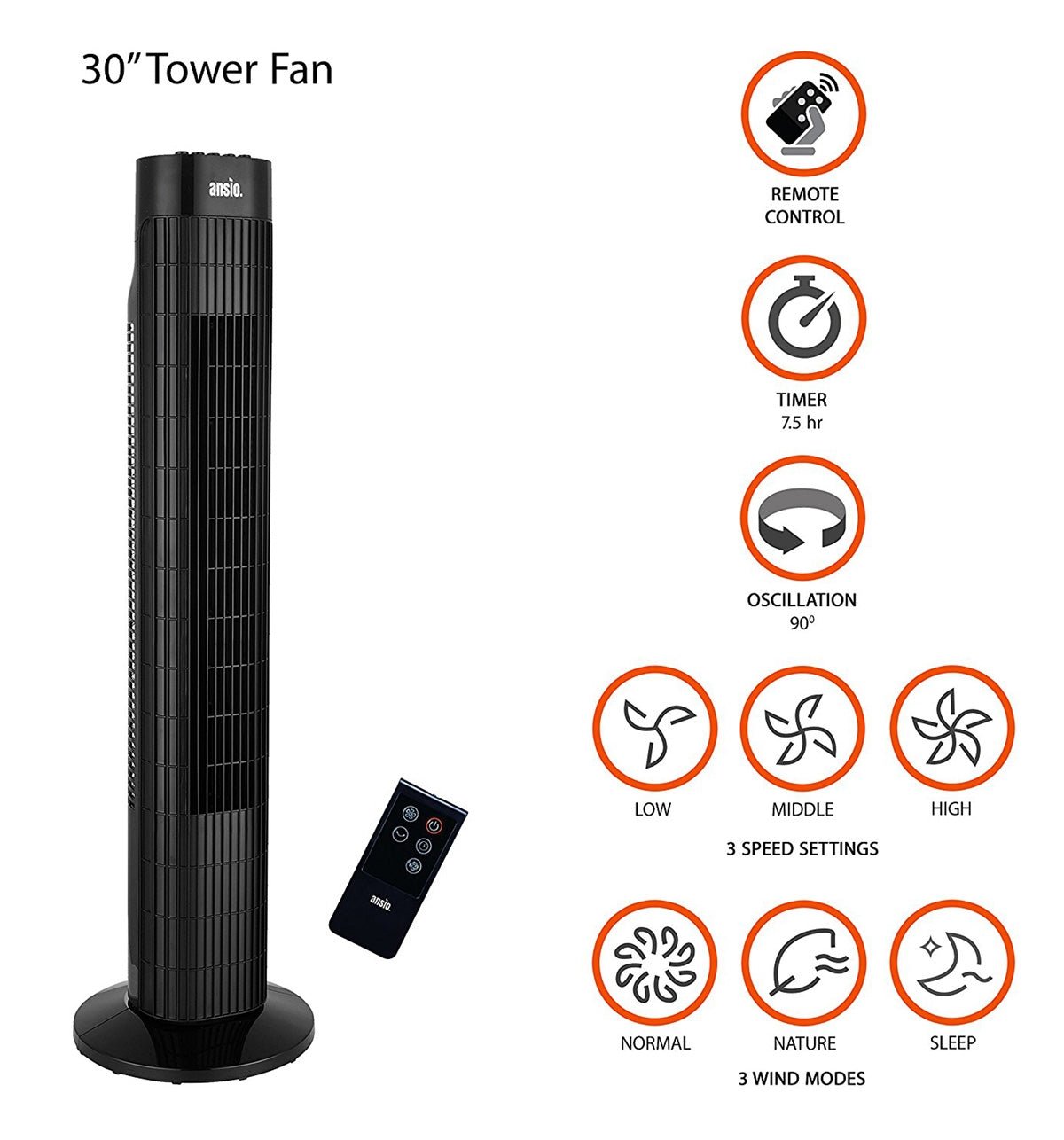 Ansio 30" Black Oscillating Tower Fan with Remote Control 220 - 240 Volts - 220 - Electronics