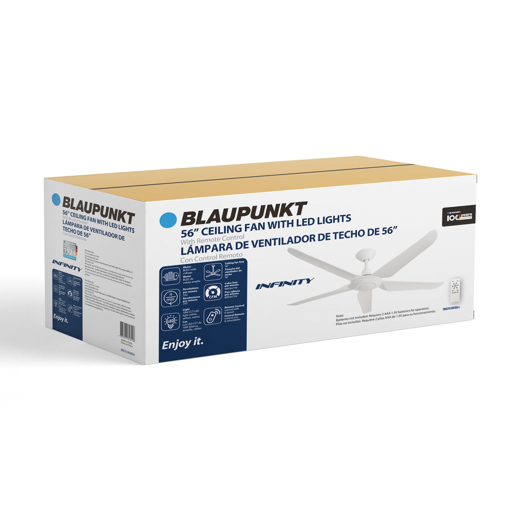 Blaupunkt INFINITY 56" 5-Blade 220v Ceiling Fan with LED Light & Remote, White — 220 Volt 50 60 hz (BKCFLW9836220v) - 220v volt electronics