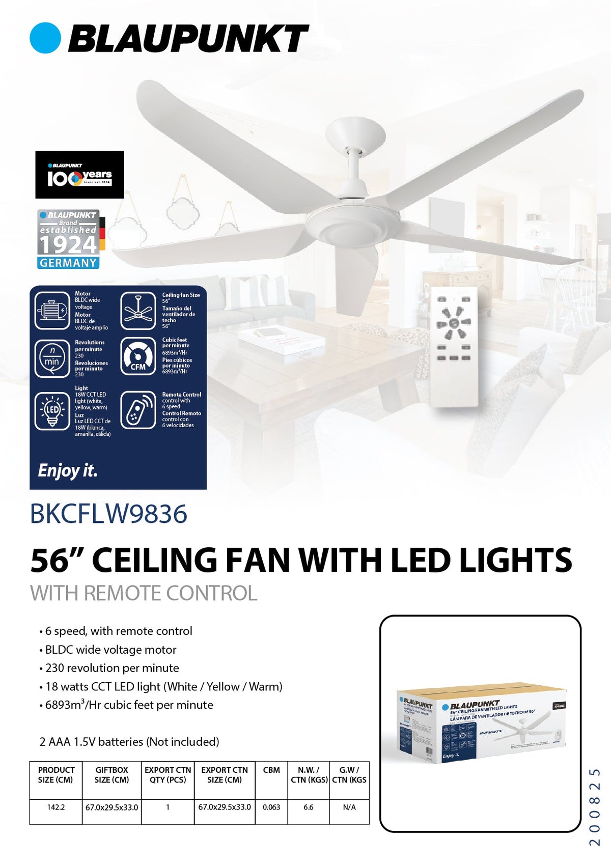 Blaupunkt INFINITY 56" 5-Blade 220v Ceiling Fan with LED Light & Remote, White — 220 Volt 50 60 hz (BKCFLW9836220v) - 220v volt electronics
