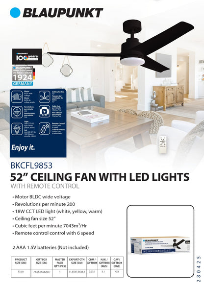 Blaupunkt INFINITY 56" 5-Blade 220v Ceiling Fan with LED Light & Remote, White — 220 Volt 50 60 hz (BKCFLW9836220v) - 220v volt electronics