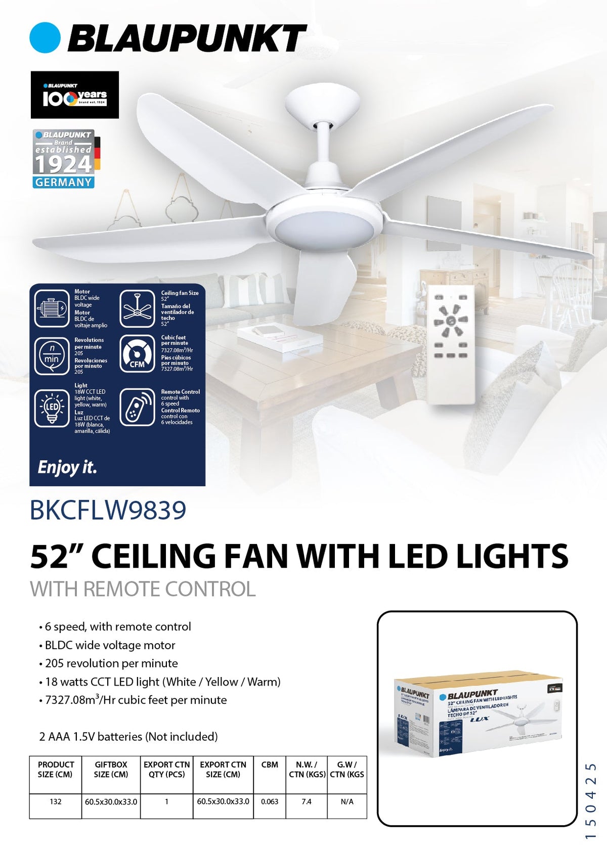 Blaupunkt LUX 52" 5-Blade 220v Ceiling Fan with LED Light & Remote, White — 220 Volt (BKCFLW9839220v) - 220v volt electronics