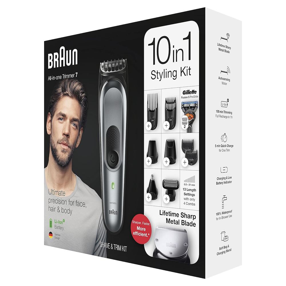Braun MGK7321 220v 10 - in - 1 Face & Head, Beard Trimmer Hair Clipper Styling Kit with Gillette Razor 220 volt Euro plug - 220v volt electronics