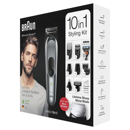 Braun MGK7321 220v 10 - in - 1 Face & Head, Beard Trimmer Hair Clipper Styling Kit with Gillette Razor 220 volt Euro plug - 220v volt electronics