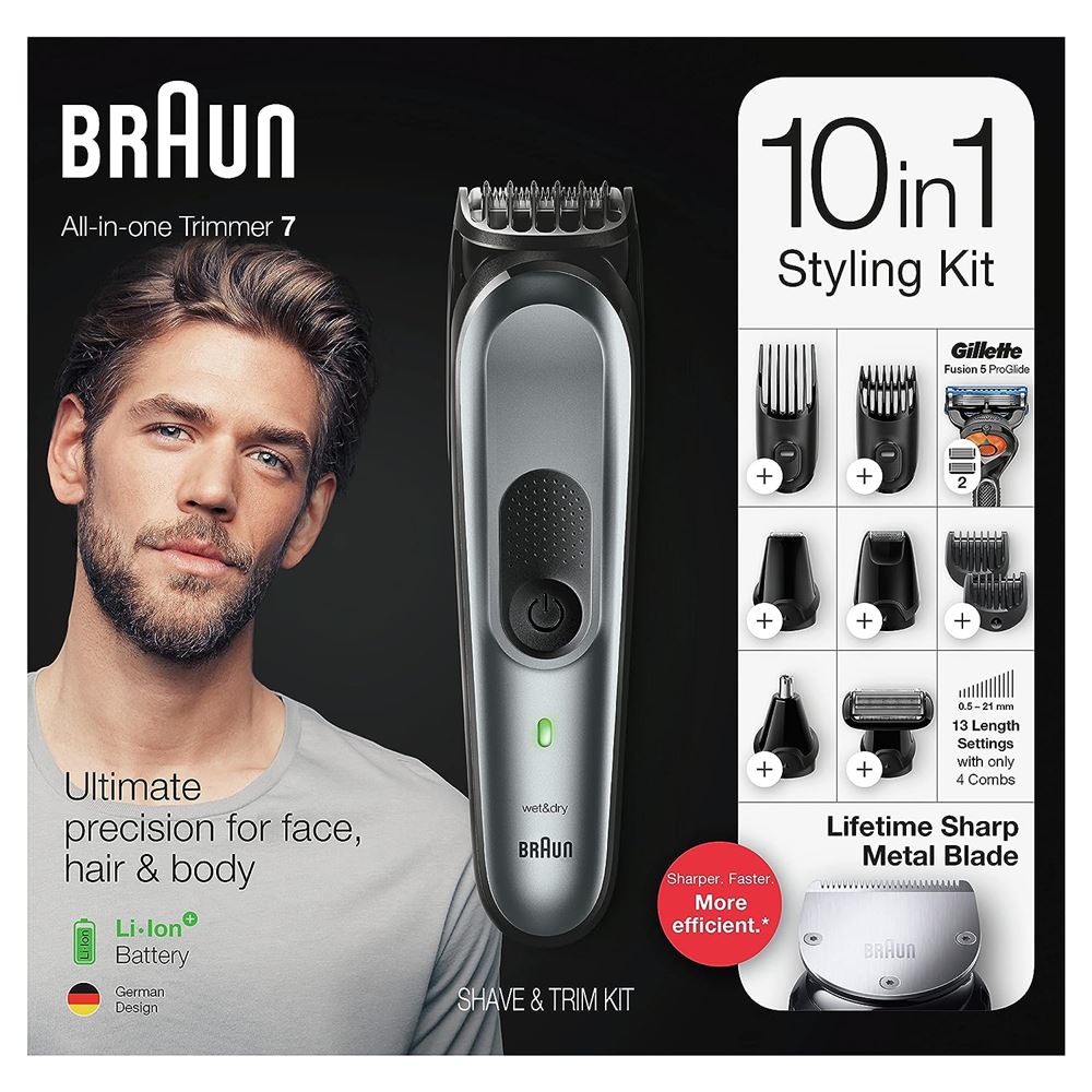 Braun MGK7321 220v 10 - in - 1 Face & Head, Beard Trimmer Hair Clipper Styling Kit with Gillette Razor 220 volt Euro plug - 220v volt electronics