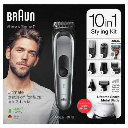 Braun MGK7321 220v 10 - in - 1 Face & Head, Beard Trimmer Hair Clipper Styling Kit with Gillette Razor 220 volt Euro plug - 220v volt electronics