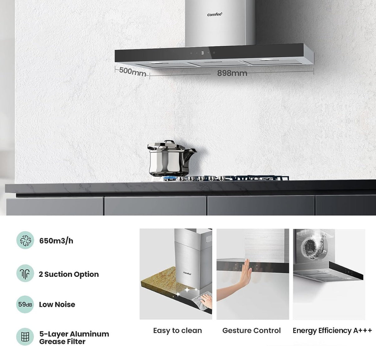 Comfee KWH90TSHM77 220 volts 36 inch range hood extractor fan recirculating and ducted 90cm - 220 - Electronics