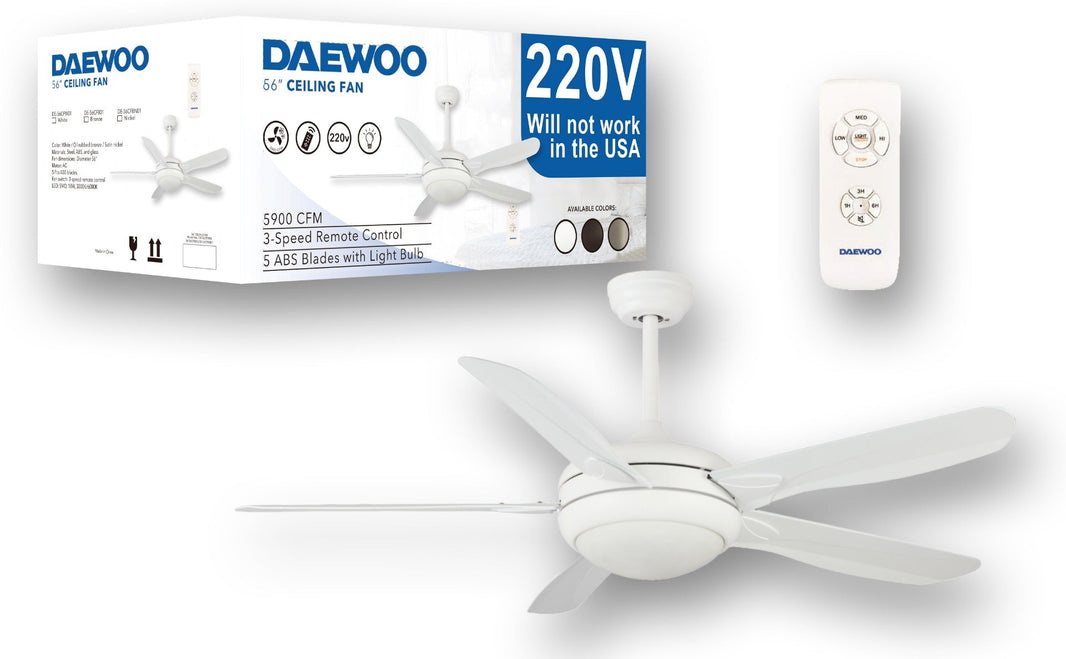 Daewoo 220 volt ceiling fan White with LED light remote 5 blades 220v 240 volts 50 hz DE - 56CFW01 - 220 - Electronics