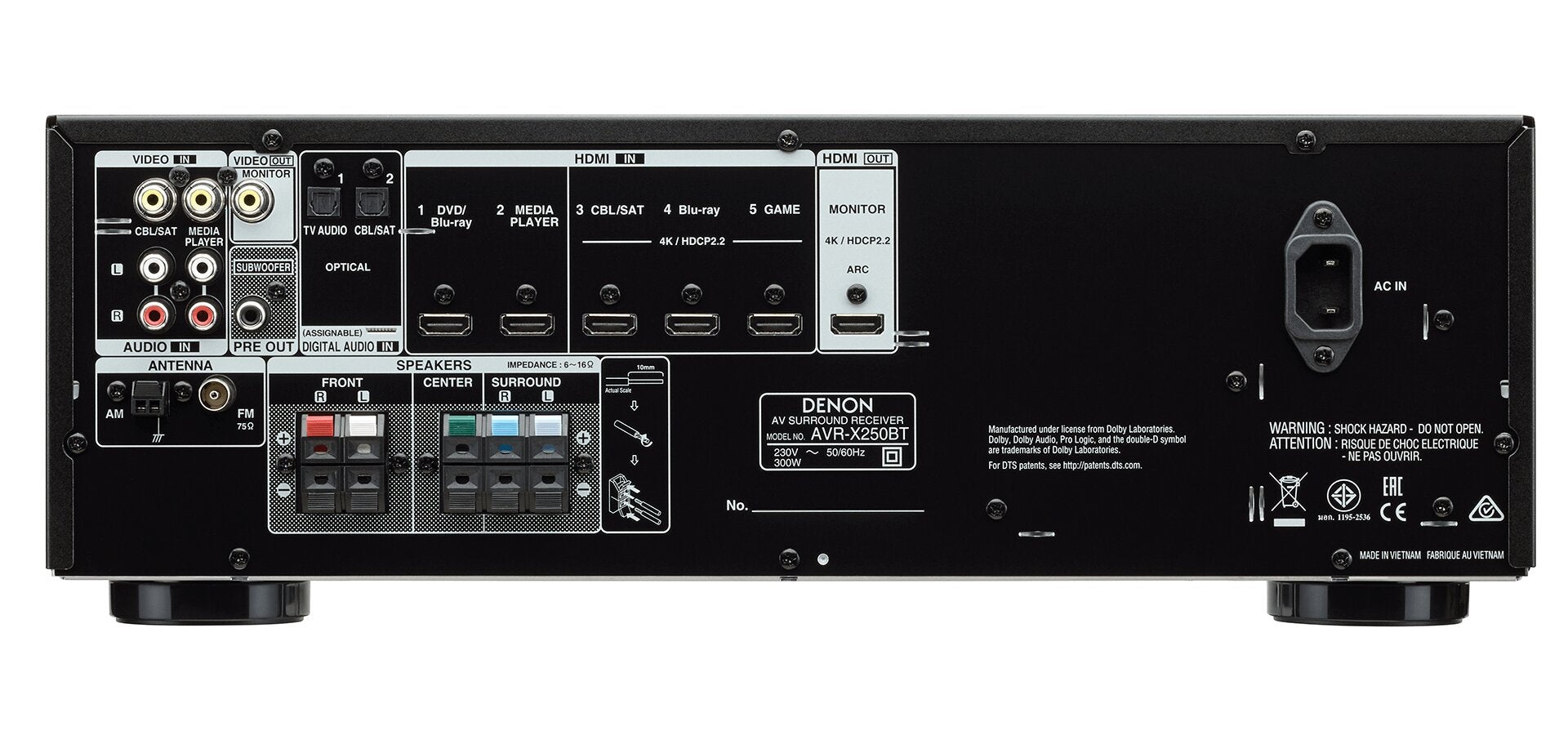Denon AVR - X250BT 220 volts AV Receiver Amplifier 5.1 Ch. 4K Ultra HD with Bluetooth 220v 240 volt - 220 - Electronics