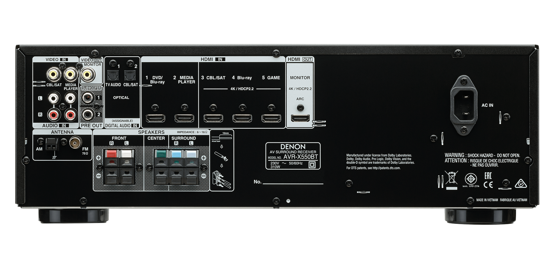 Denon AVR - X550BT 220 volt 5.2 channel Bluetooth av receiver 220v 240 volts 50 hz - 220 - Electronics
