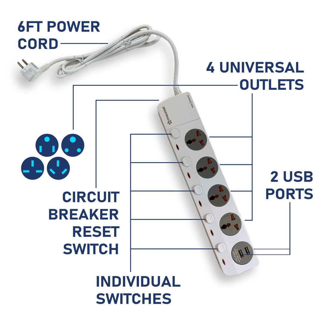 Dynastar 110 - 220 volt Universal Power Strip 240v surge protector 240 volts 220v With 4 Outlet plus 2 USB Universal Heavy Duty DPS5 - USB - 220 - Electronics