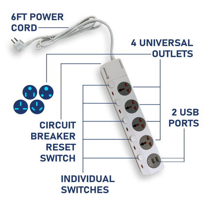 Dynastar 110 - 220 volt Universal Power Strip 240v surge protector 240 volts 220v With 4 Outlet plus 2 USB Universal Heavy Duty DPS5 - USB - 220 - Electronics