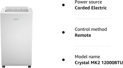 EcoAir 220 volts portable AC Air conditioner 12,000 btu with dehumidifier and purifier filter with Smart App and Remote control Energy saving A+ with window seal CrystalMK2 - 12 - 220 - Electronics