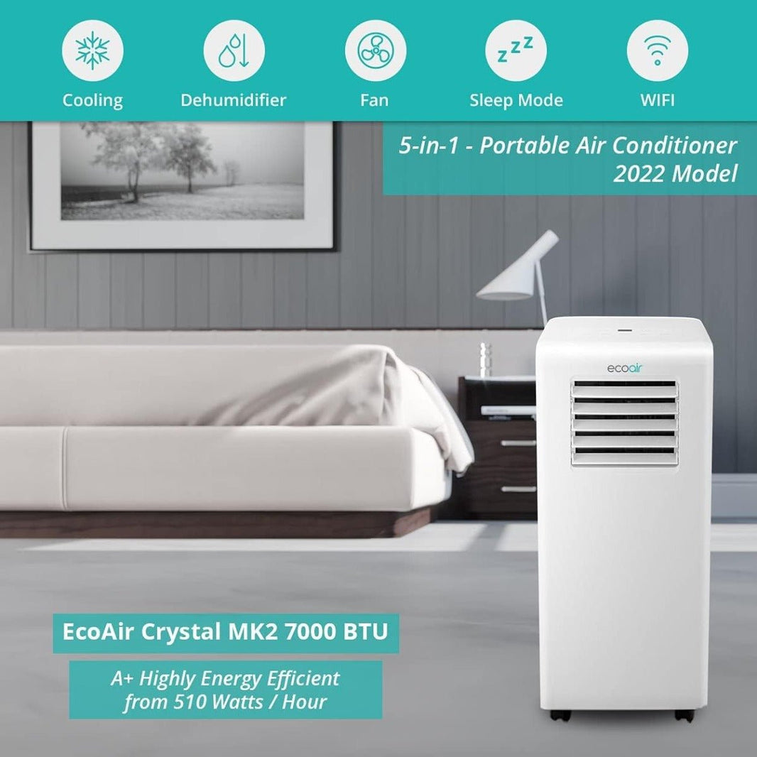 EcoAir 220 volts portable AC Air conditioner with dehumidifier and purifier filter 7000 BTU with Smart App and Remote control Energy saving Class A+ with window seal - 220 - Electronics