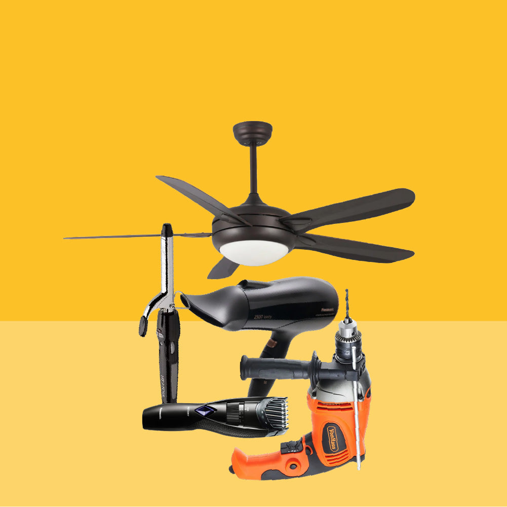Ceiling fan, hair dryer, and drill on a yellow background