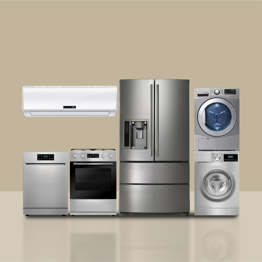 Set of stainless steel appliances including a refrigerator, washer, dryer, oven, and air conditioner on a beige background.