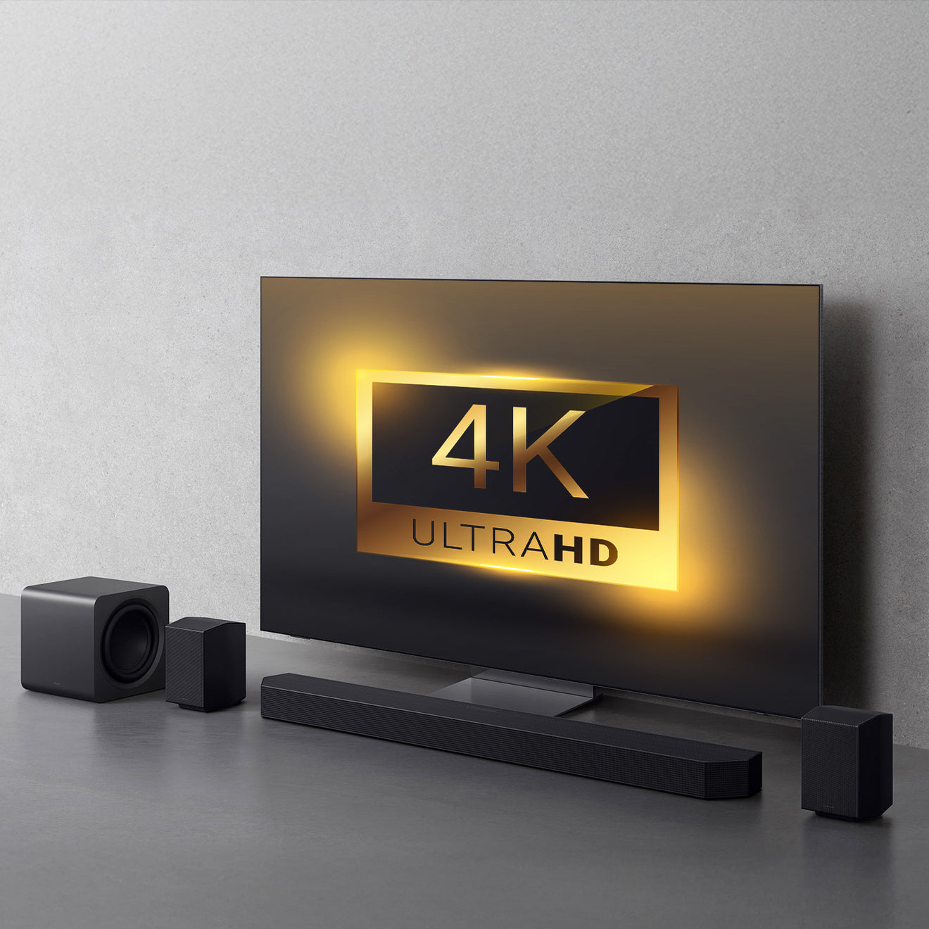 4K Ultra HD TV with soundbar and home theater speakers