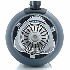 Insinkerator Evolution 100 Garbage Disposal unit in gray color, bottom view.