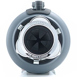 Insinkerator Evolution 100 Garbage Disposal unit in gray color, top view.