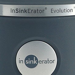 Insinkerator Evolution 100 Garbage Disposal unit in gray color, zoom view.