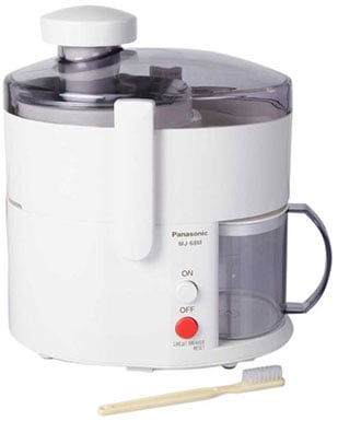 Panasonic MJ-68M Juicer, white with a transparent lid, on a kitchen counter, with a power button ON/OFF.