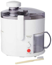 Panasonic MJ-68M Juicer, white with a transparent lid, on a kitchen counter, with a power button ON/OFF.