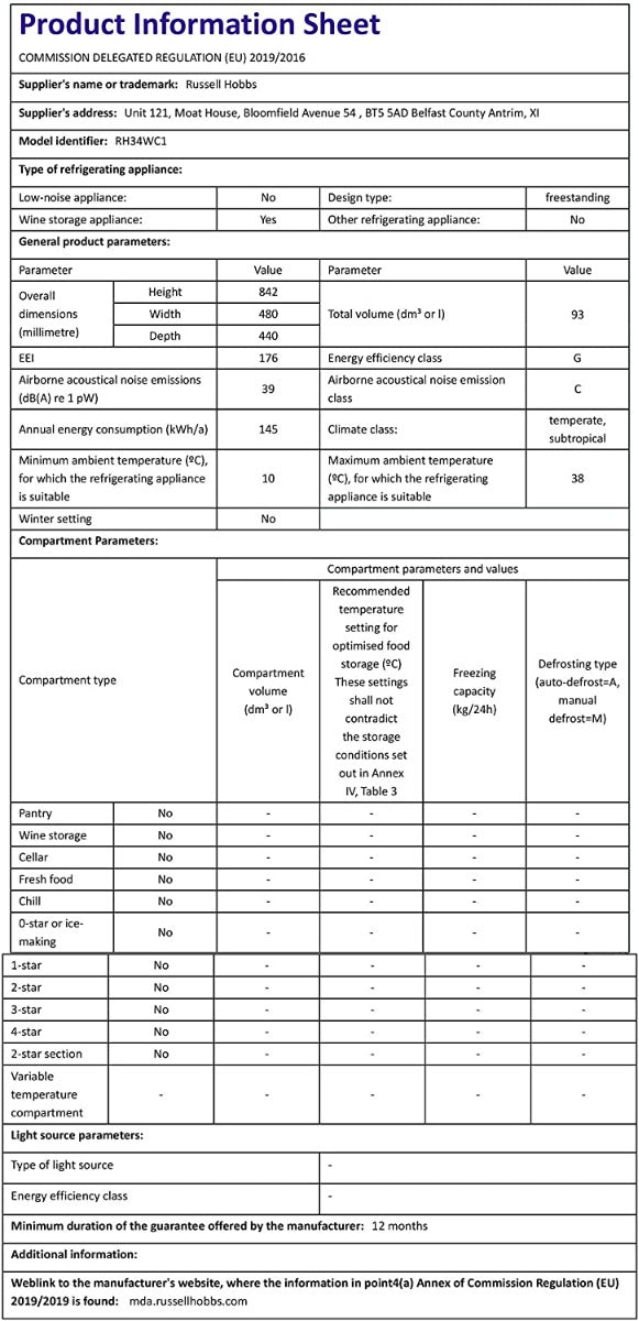 Russell Hobbs 220 volts 34 Bottle Wine Cooler RH34WC1 220v 240 volts - 220 - Electronics