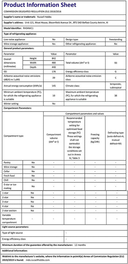 Russell Hobbs 220 volts 34 Bottle Wine Cooler RH34WC1 220v 240 volts - 220 - Electronics