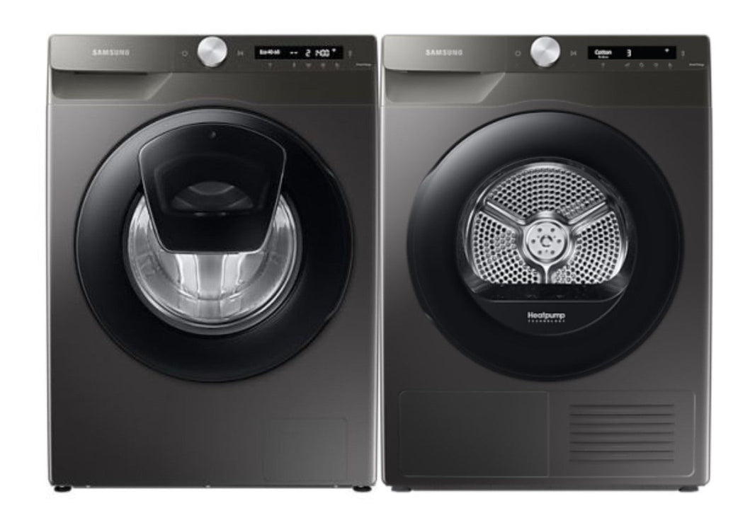 Samsung 220 volt washer front load silver 9 KG with ADD WASH WW90T55/220V/S1GR and Samsung 220 volt 8KG Dryer Silver Graphite Heat Pump Ventless Self Condensing DV80T5220A - 220v - SGR - 220 - Electronics