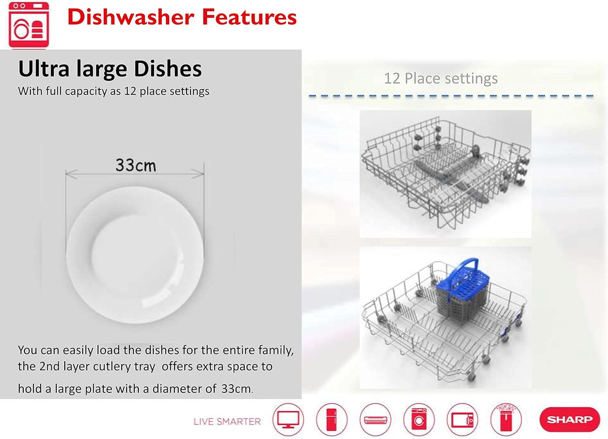 Sharp 220 Volt Dishwasher 12 Place Settings 6 Programs 220V 50Hz QWMB612 Stainless Steel - 220v volt electronics