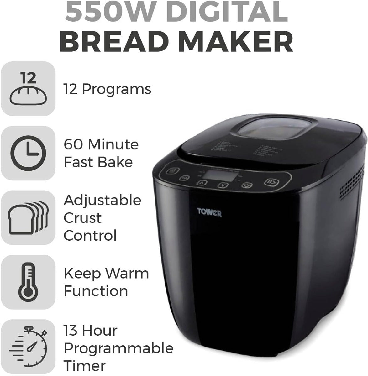 Tower 220 volt Bread Maker 2 lb 12 automatic programs timer 60 keep warm crust control non stick bread pan 22v 240 volts - 220 - Electronics