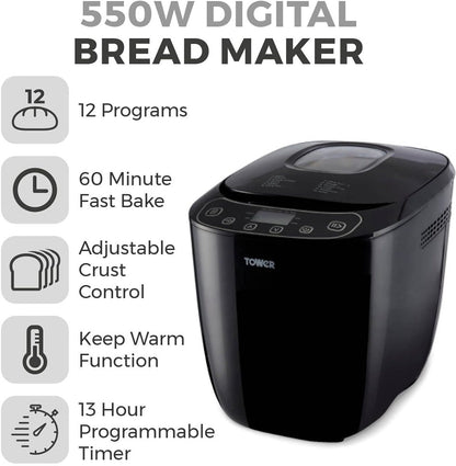 Tower 220 volt Bread Maker 2 lb 12 automatic programs timer 60 keep warm crust control non stick bread pan 22v 240 volts - 220 - Electronics