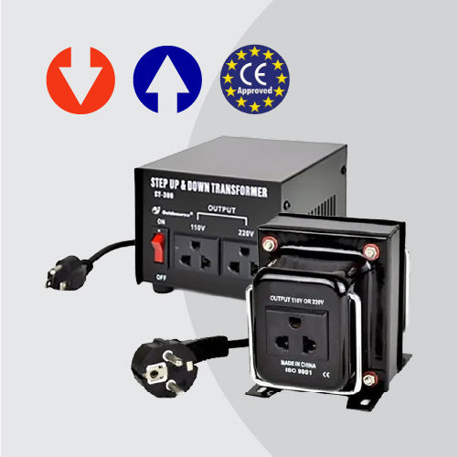 Step up/down transformer with certification logos on a light gray background