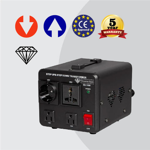 Black power transformer with certification logos on a light gray background