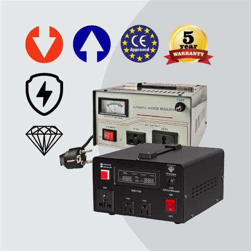 Two power regulators with certification logos and warranty badge on a white background