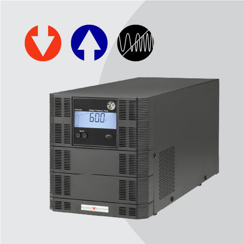 Black voltage and frequency converter with digital display on a gray background